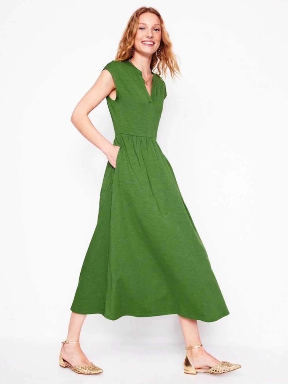 Boden Chloe Cap Sleeve Jersey Midi Dress Dark Green Slub Knit Pockets 12 Fall